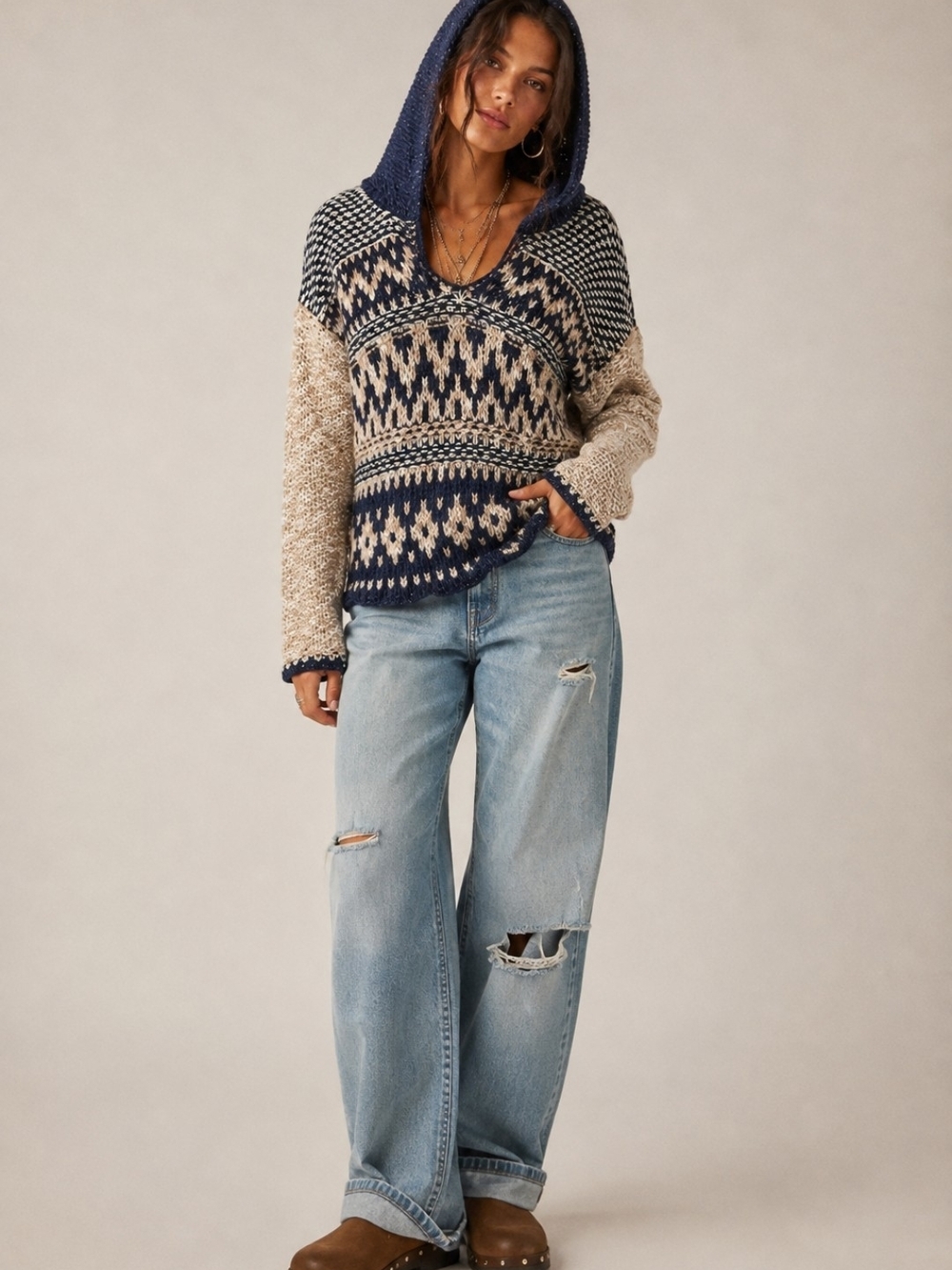 Free People Fair Isle Hooded Knit Chunky Sweater Large - Picture 2 of 6